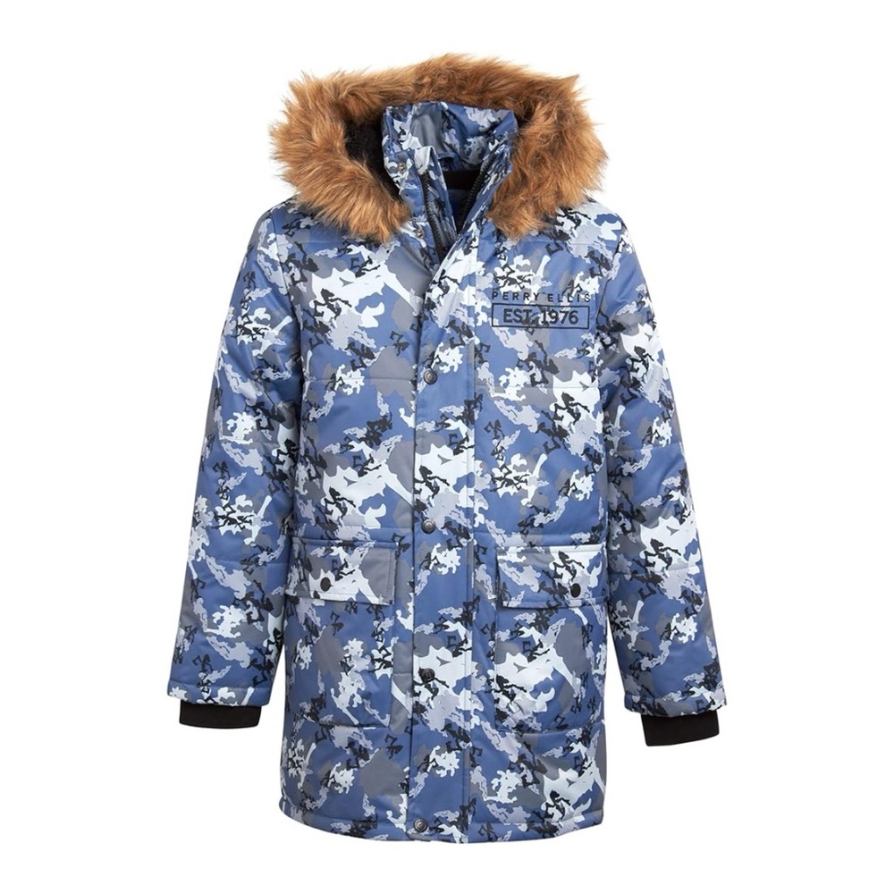 Perry Ellis Blue Camo Puffer Jacket with Faux Fur Hood